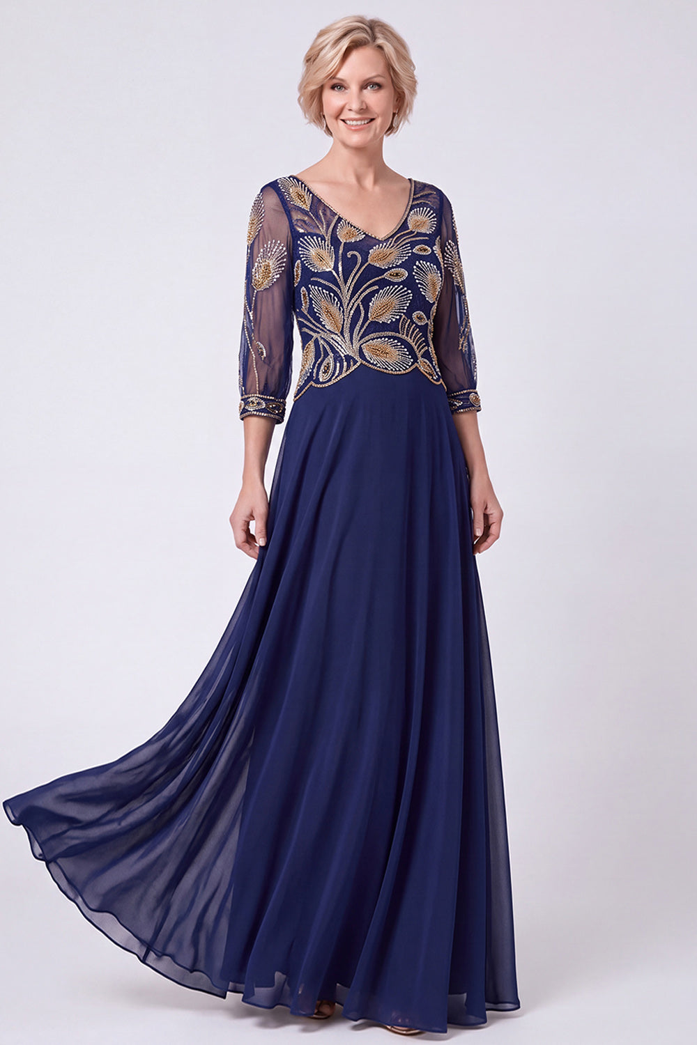 Navy Beaded A Line V-Neck Long Chiffon Mother of the Bride Dress with Sleeves