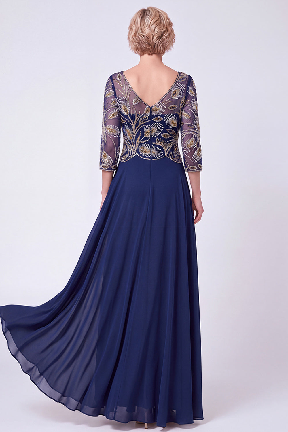 Navy Beaded A Line V-Neck Long Chiffon Mother of the Bride Dress with Sleeves