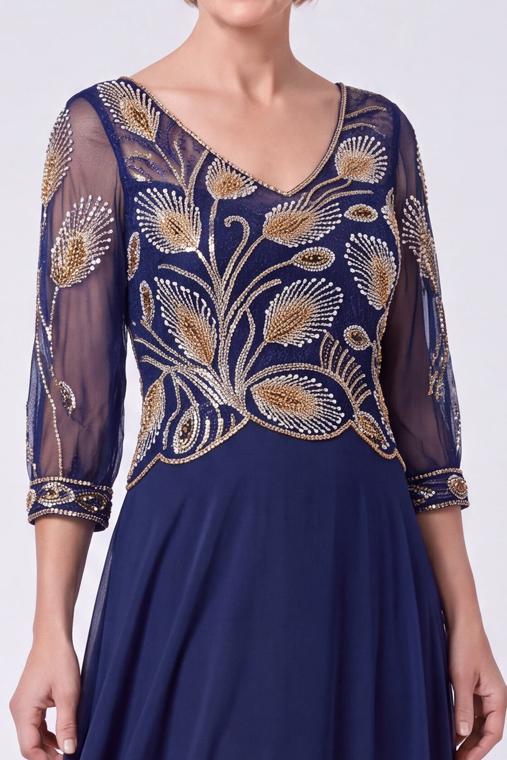 Navy Beaded A Line V-Neck Long Chiffon Mother of the Bride Dress with Sleeves