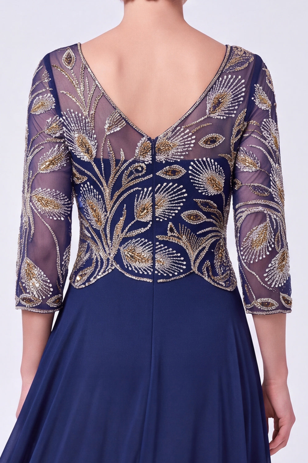 Navy Beaded A Line V-Neck Long Chiffon Mother of the Bride Dress with Sleeves