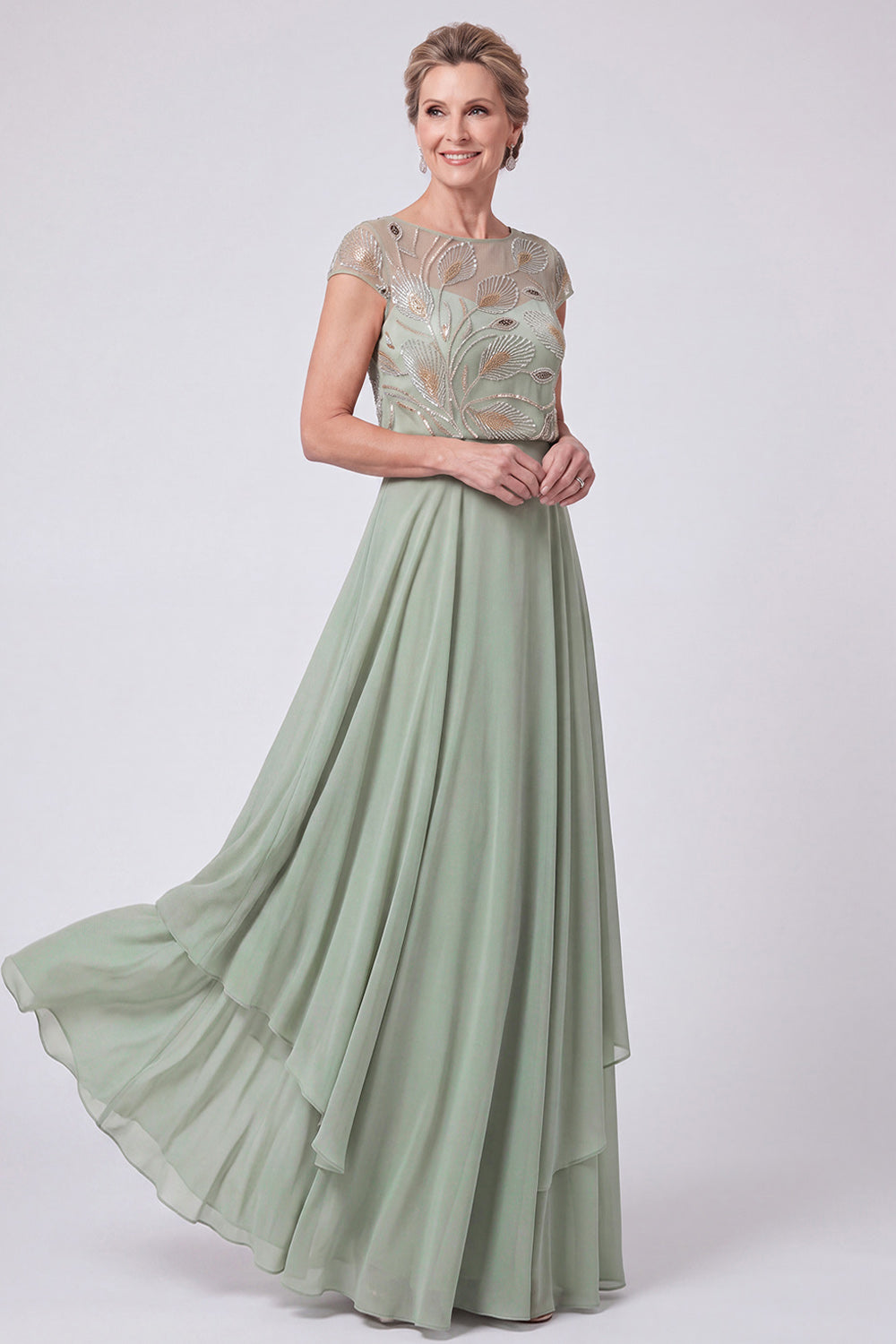 Navy Chiffon Beaded Illusion Boat Neck Cap Sleeves Long Mother of the Bride Dress