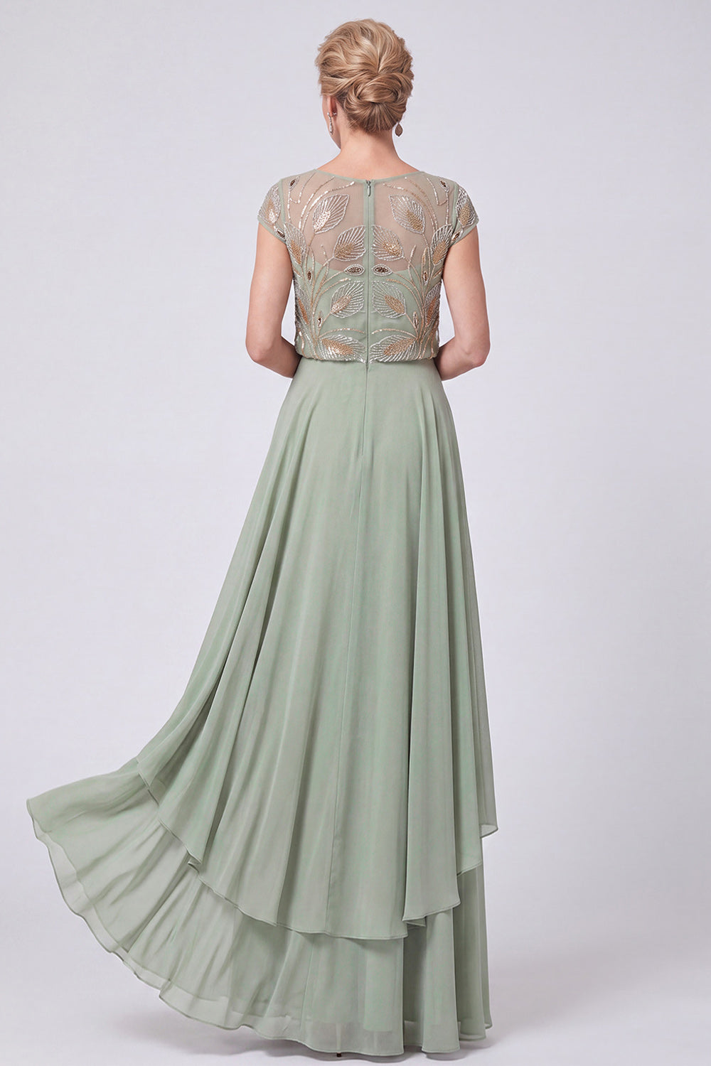 Navy Chiffon Beaded Illusion Boat Neck Cap Sleeves Long Mother of the Bride Dress