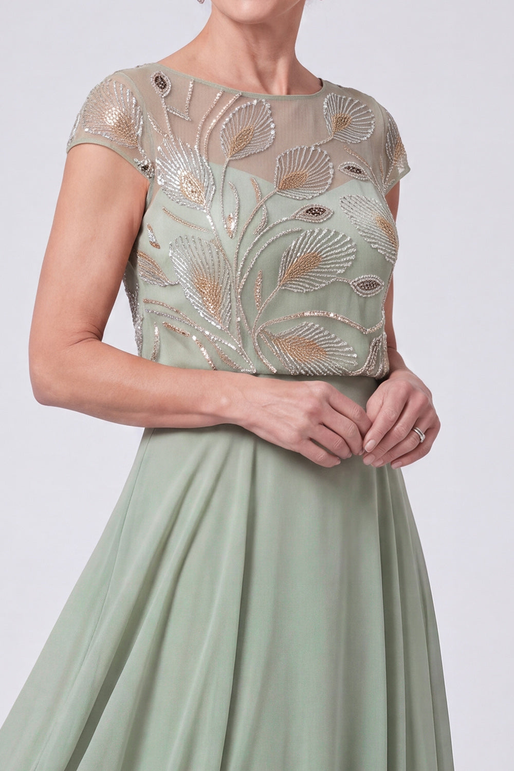 Navy Chiffon Beaded Illusion Boat Neck Cap Sleeves Long Mother of the Bride Dress