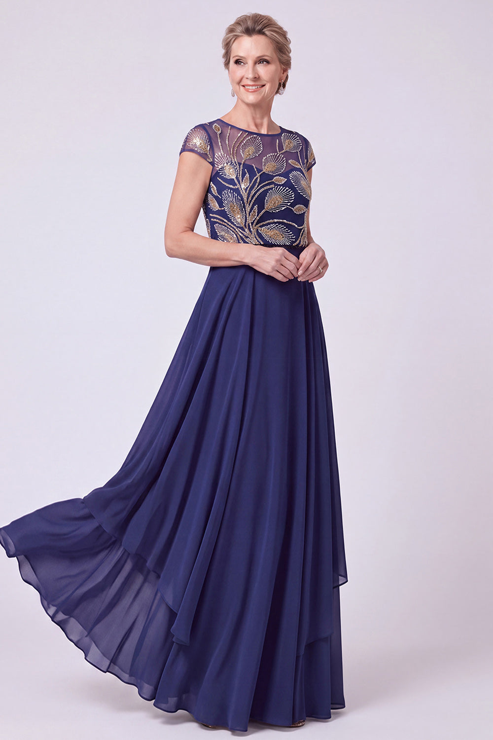 Navy Chiffon Beaded Illusion Boat Neck Cap Sleeves Long Mother of the Bride Dress