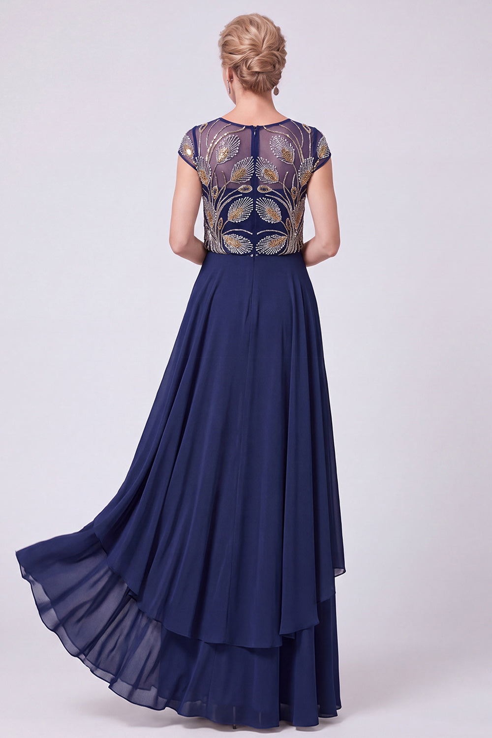 Navy Chiffon Beaded Illusion Boat Neck Cap Sleeves Long Mother of the Bride Dress
