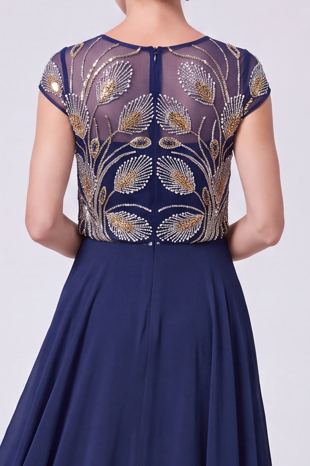 Navy Chiffon Beaded Illusion Boat Neck Cap Sleeves Long Mother of the Bride Dress