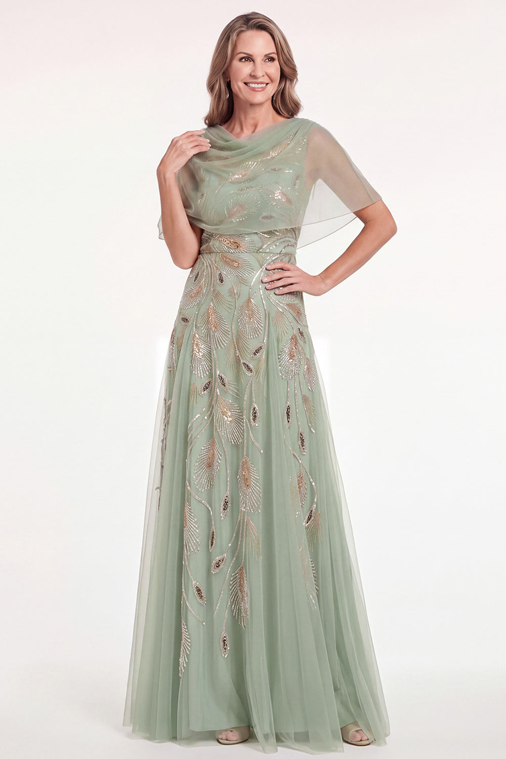 Navy Beaded Tulle A Line Long Mother of the Bride Dress with Cape