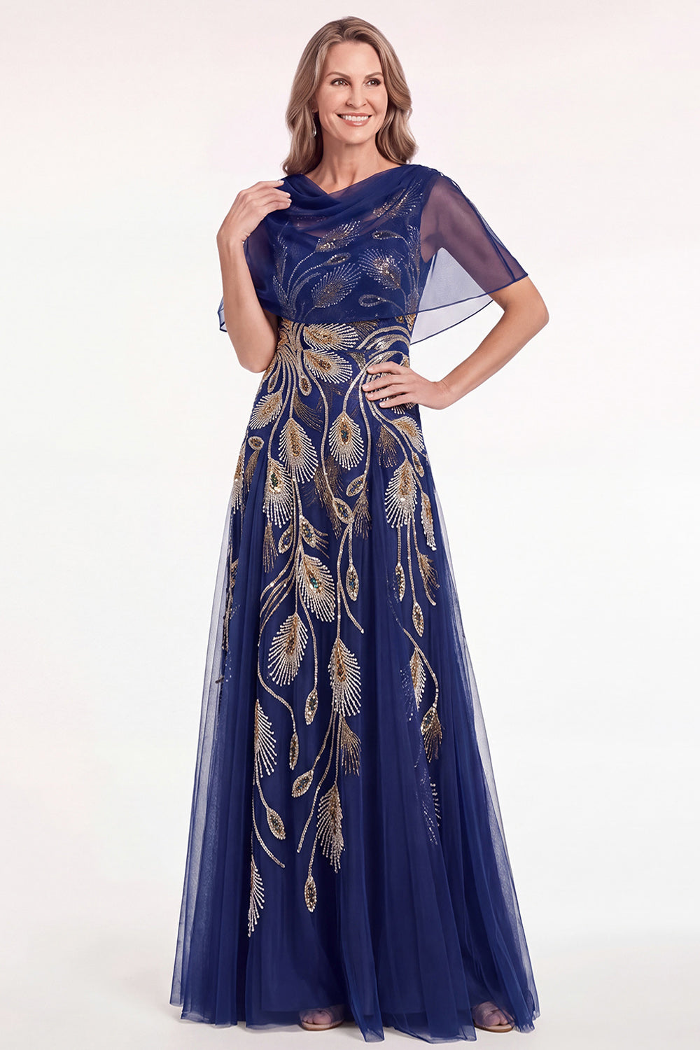 Navy Beaded Tulle A Line Long Mother of the Bride Dress with Cape