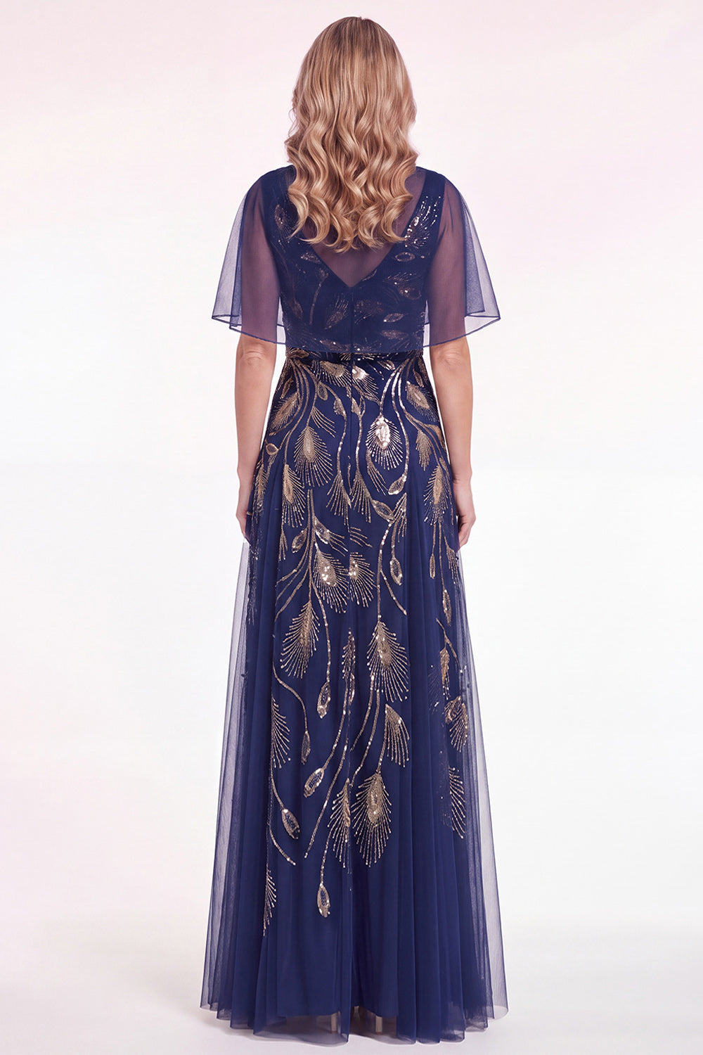 Navy Beaded Tulle A Line Long Mother of the Bride Dress with Cape