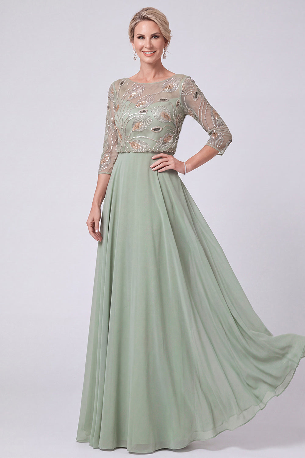 Navy Chiffon Beaded A Line 3/4 Sleeves Long Mother of the Bride Dress