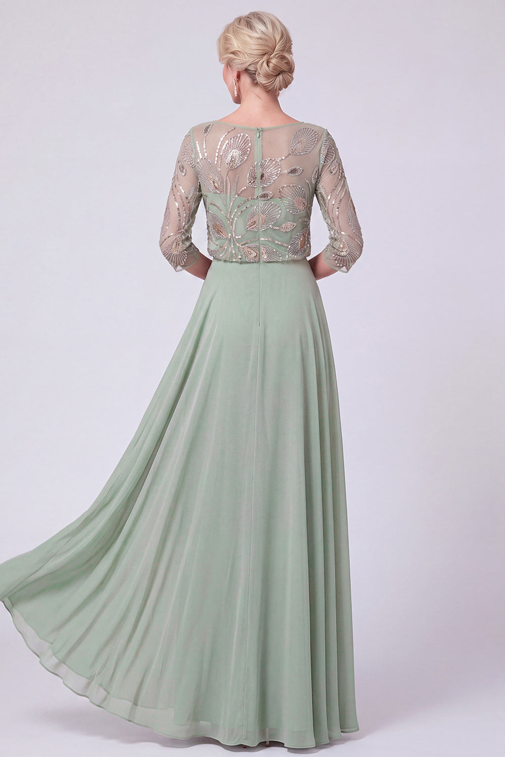 Navy Chiffon Beaded A Line 3/4 Sleeves Long Mother of the Bride Dress