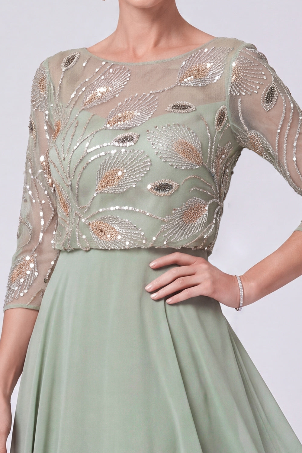 Navy Chiffon Beaded A Line 3/4 Sleeves Long Mother of the Bride Dress