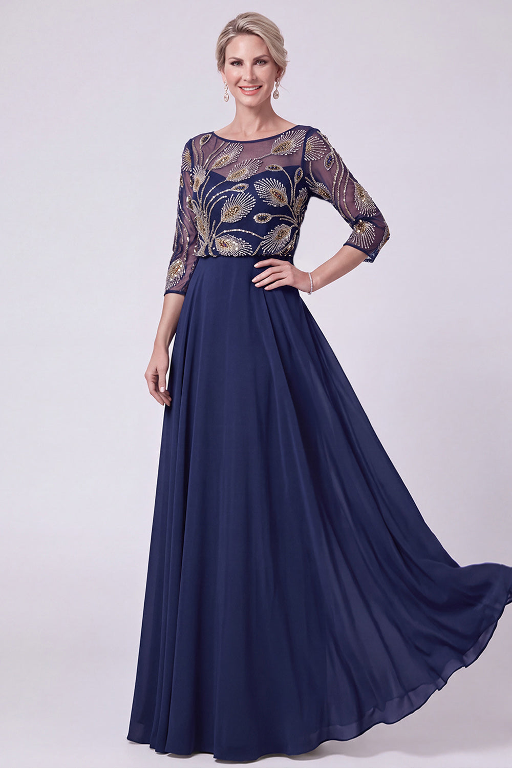 Navy Chiffon Beaded A Line 3/4 Sleeves Long Mother of the Bride Dress