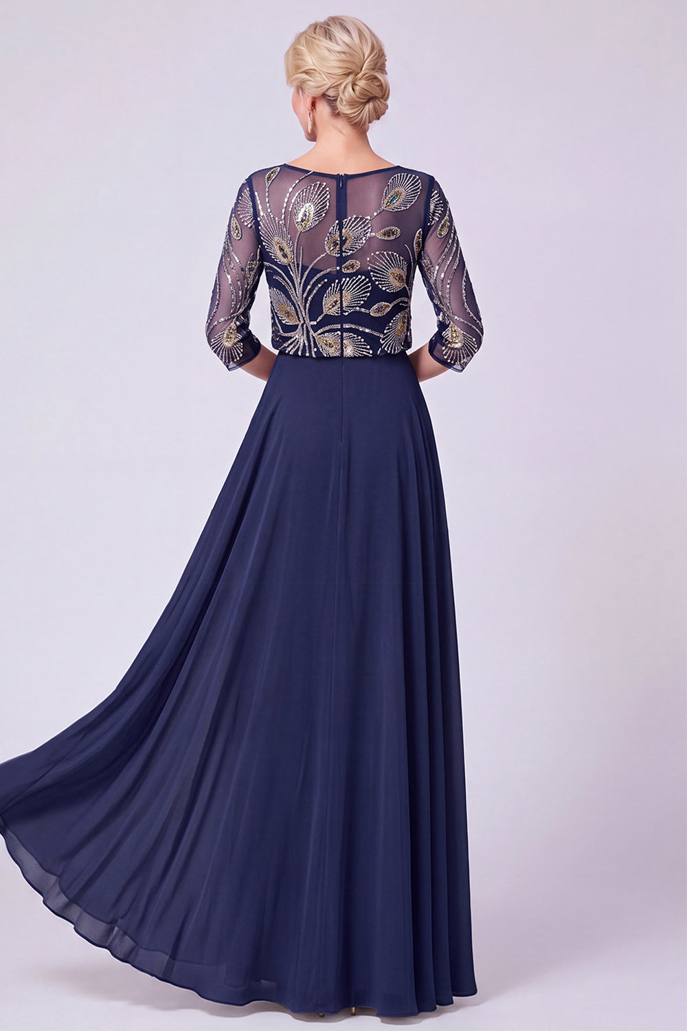 Navy Chiffon Beaded A Line 3/4 Sleeves Long Mother of the Bride Dress