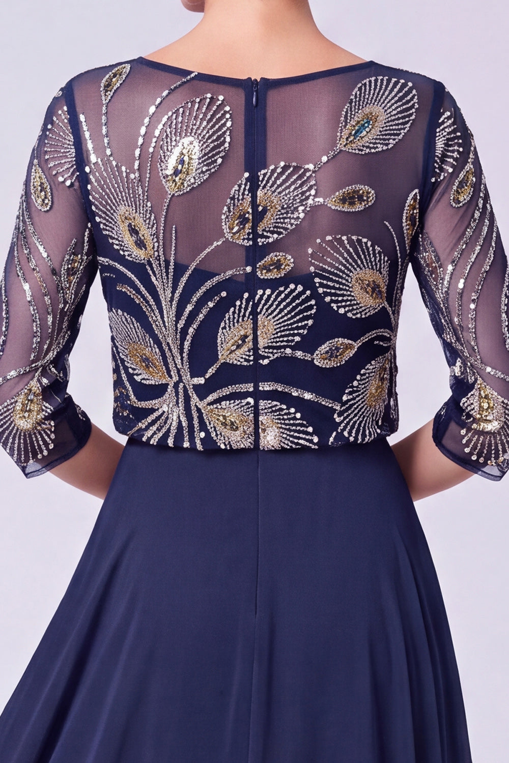 Navy Chiffon Beaded A Line 3/4 Sleeves Long Mother of the Bride Dress