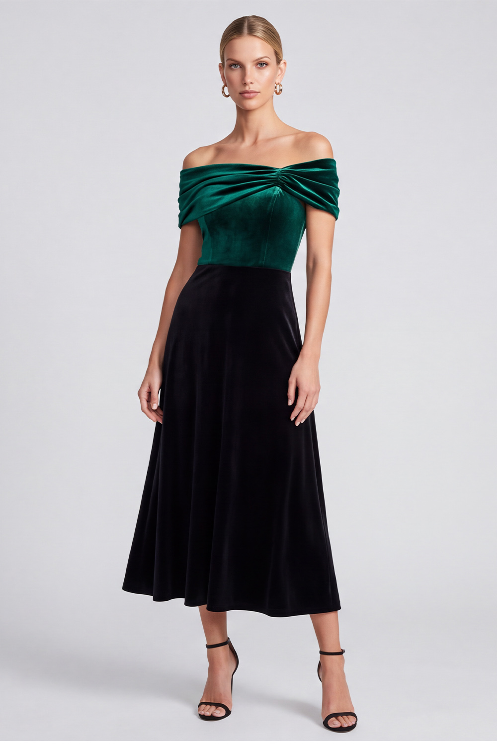 Dark Green and Black Velvet Off the Shoulder A-Line Midi Holiday Party Dress