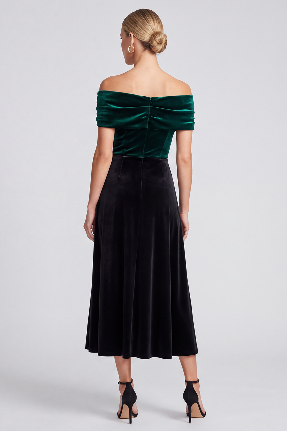 Dark Green and Black Velvet Off the Shoulder A-Line Midi Holiday Party Dress