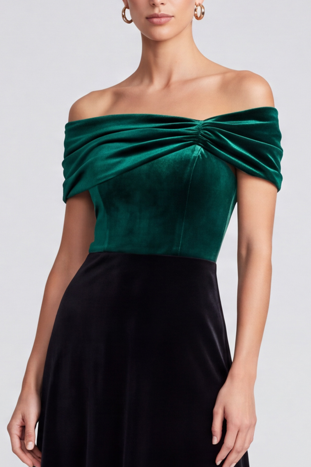 Dark Green and Black Velvet Off the Shoulder A-Line Midi Holiday Party Dress