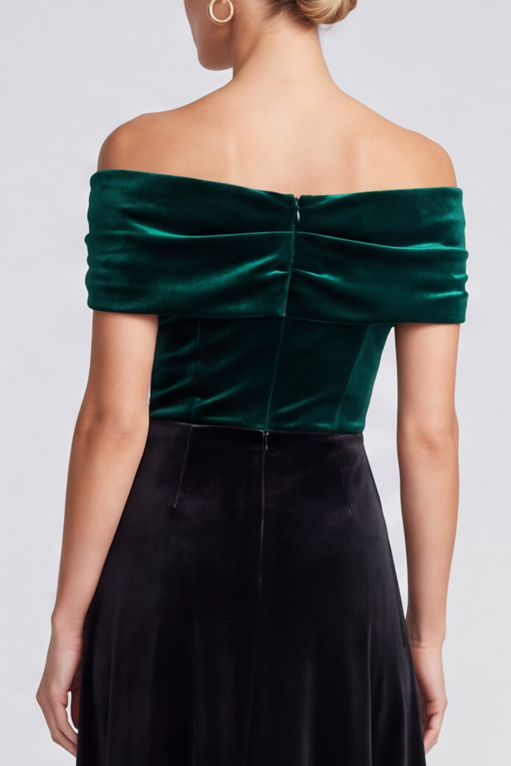 Dark Green and Black Velvet Off the Shoulder A-Line Midi Holiday Party Dress