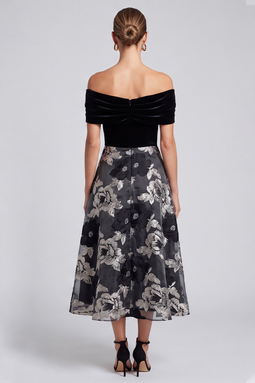 Black A-Line Off the Shoulder Velvet Floral Midi Holiday Party Dress