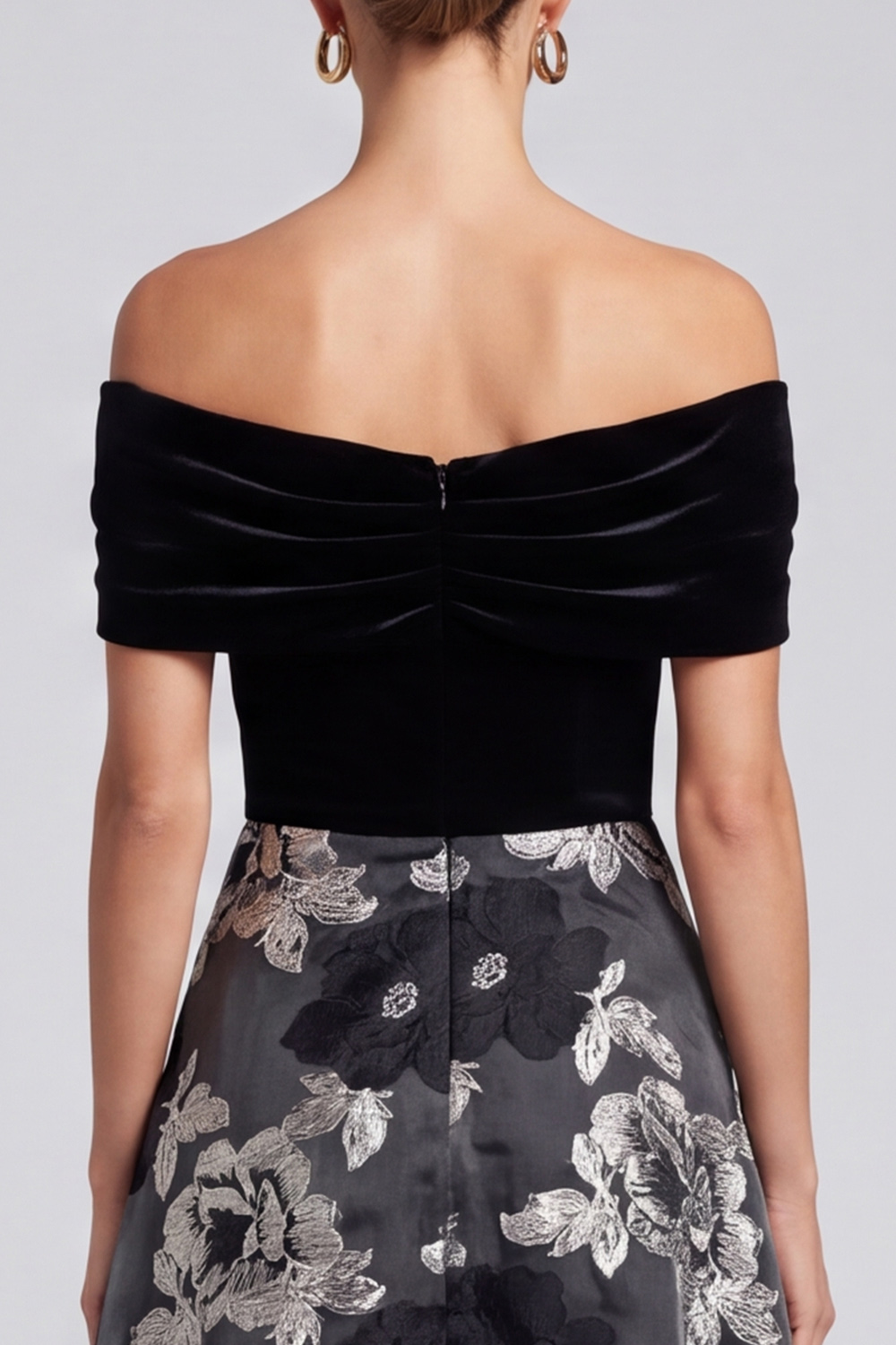 Black A-Line Off the Shoulder Velvet Floral Midi Holiday Party Dress