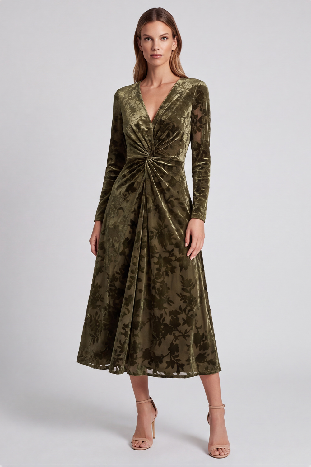 Olive Velvet V-Neck Ruched Midi Holiday Party Dress