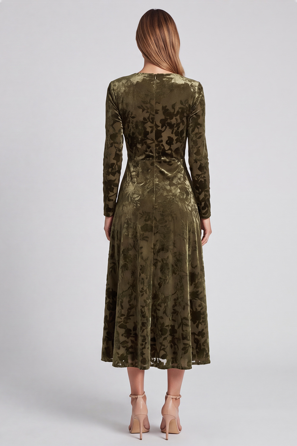 Olive Velvet V-Neck Ruched Midi Holiday Party Dress