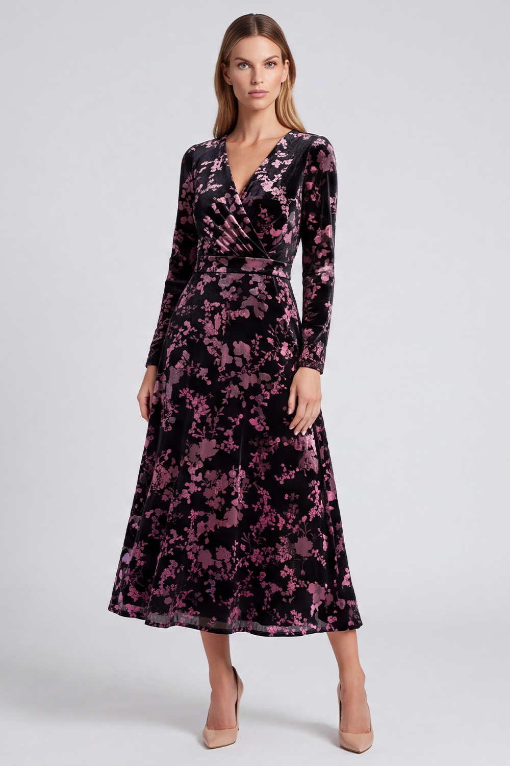 Black Velvet A-Line V-Neck Floral Midi Holiday Party Dress
