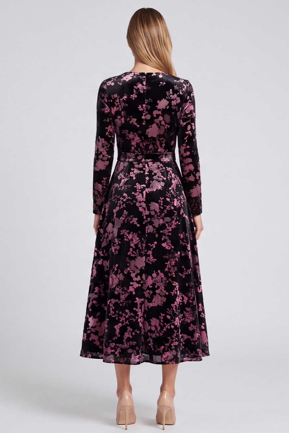 Black Velvet A-Line V-Neck Floral Midi Holiday Party Dress