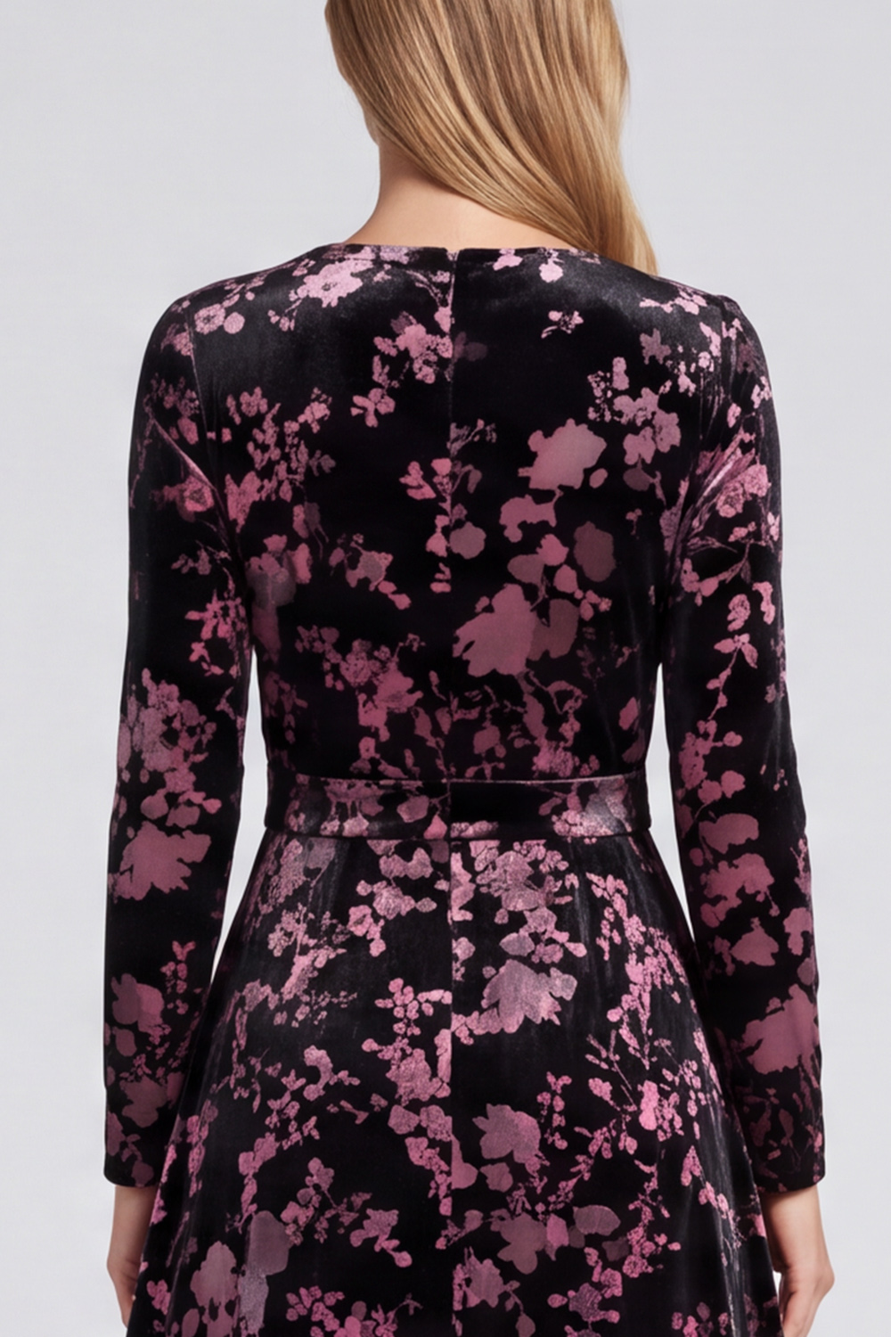 Black Velvet A-Line V-Neck Floral Midi Holiday Party Dress