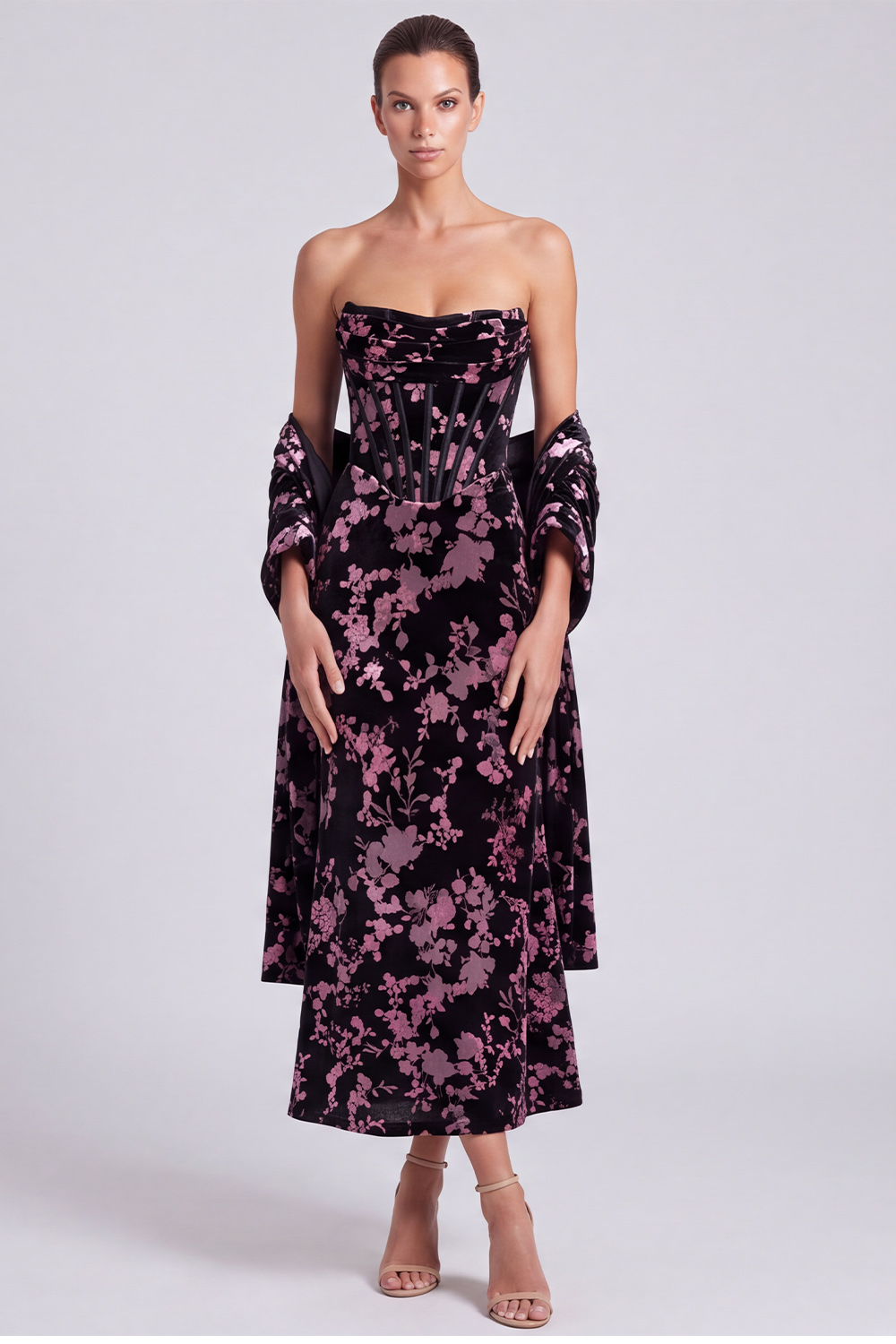 Black Pink Flower Corset Sheath Strapless Midi Formal Dress