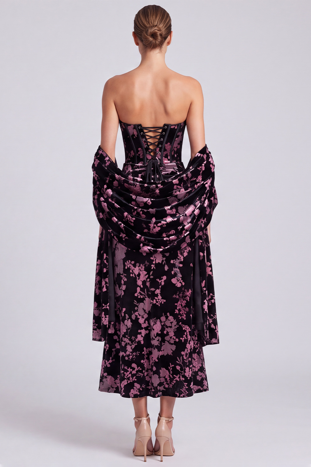 Black Pink Flower Corset Sheath Strapless Midi Formal Dress