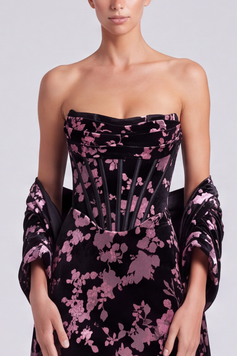 Black Pink Flower Corset Sheath Strapless Midi Formal Dress
