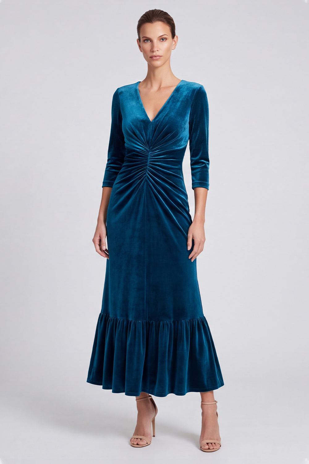 Peacock Blue Velvet Sheath V-Neck Ruched Midi Formal Dress