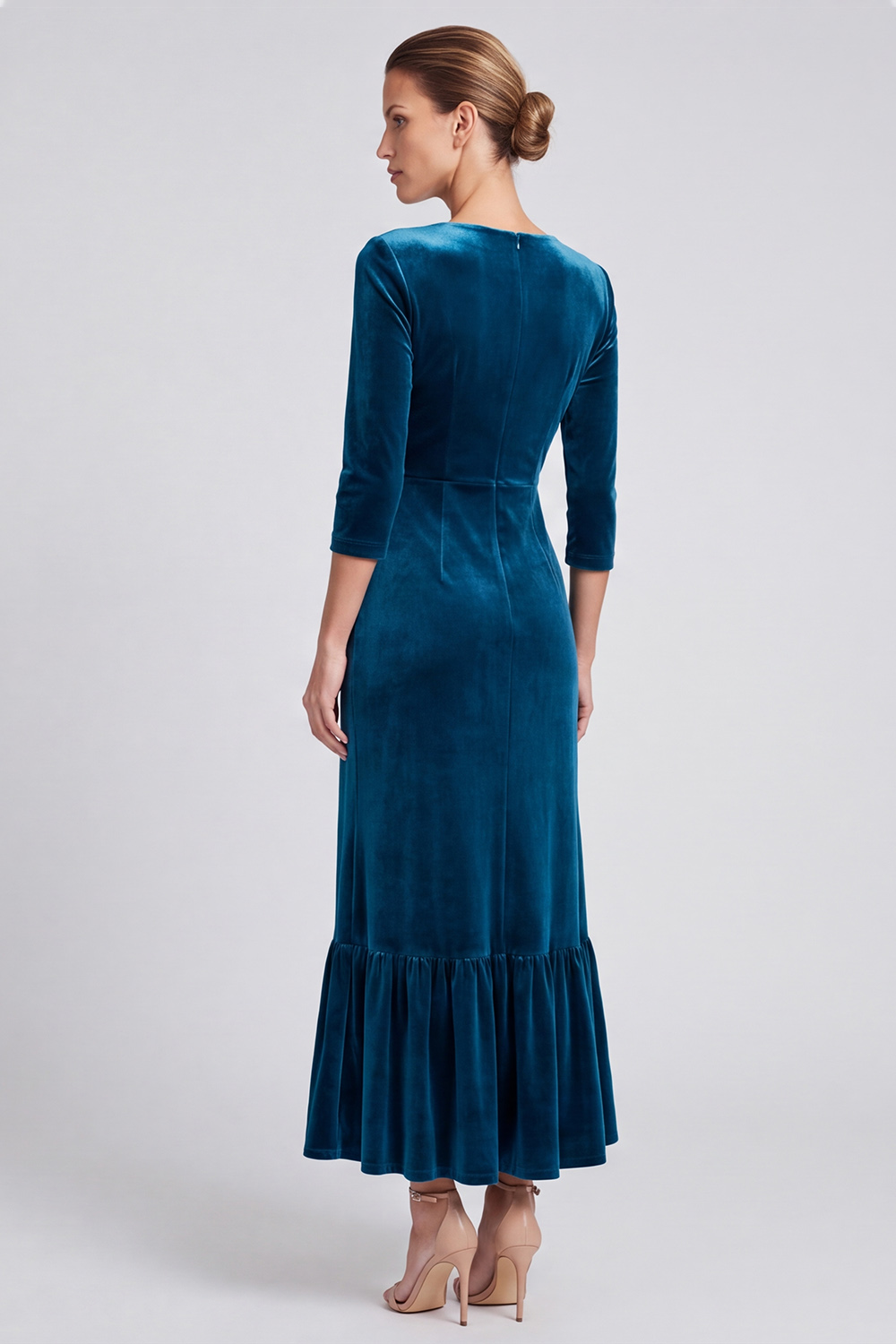 Peacock Blue Velvet Sheath V-Neck Ruched Midi Formal Dress