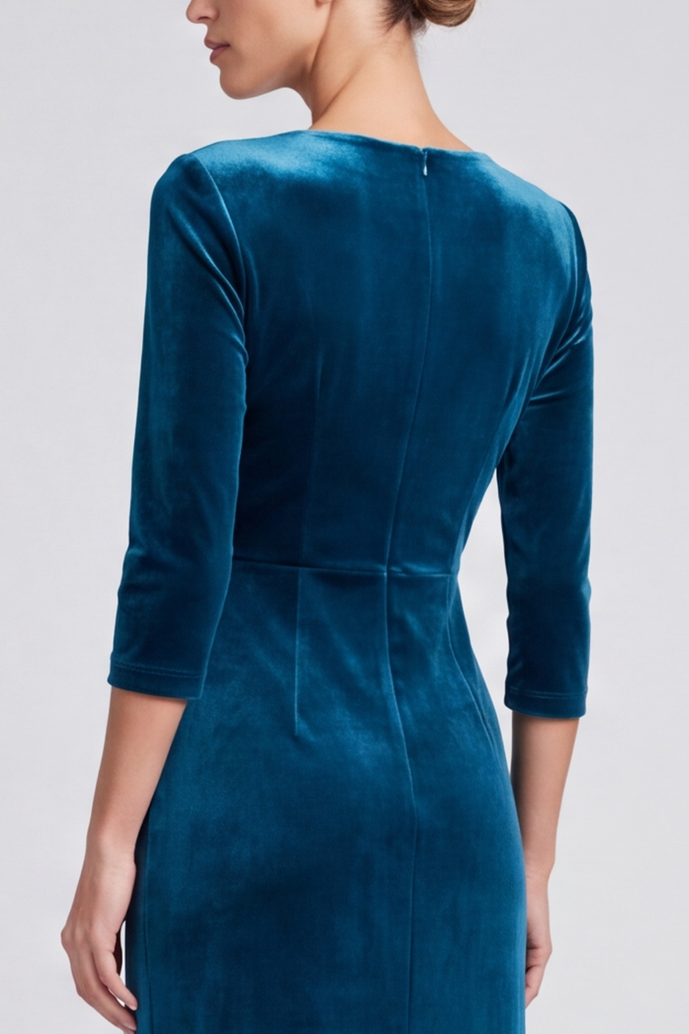Peacock Blue Velvet Sheath V-Neck Ruched Midi Formal Dress