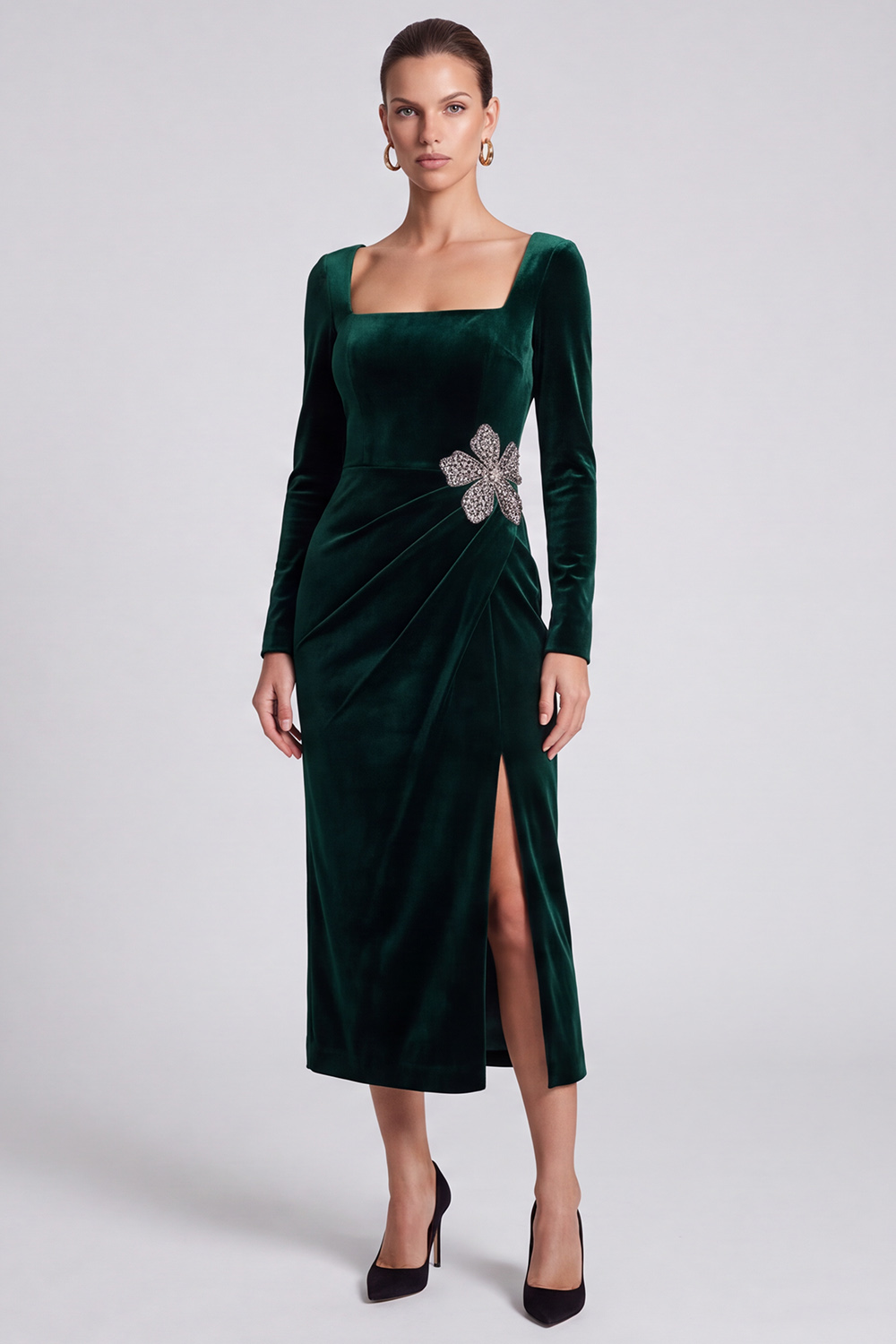 Sheath Dark Green Ruched Sparkly Square Neck Midi Evening Dress with Rhinestones