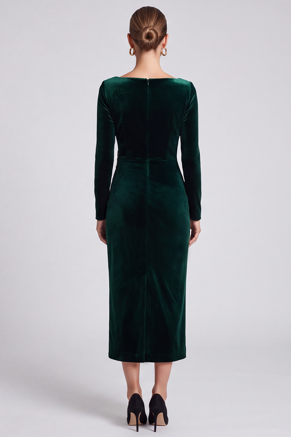 Sheath Dark Green Ruched Sparkly Square Neck Midi Evening Dress with Rhinestones