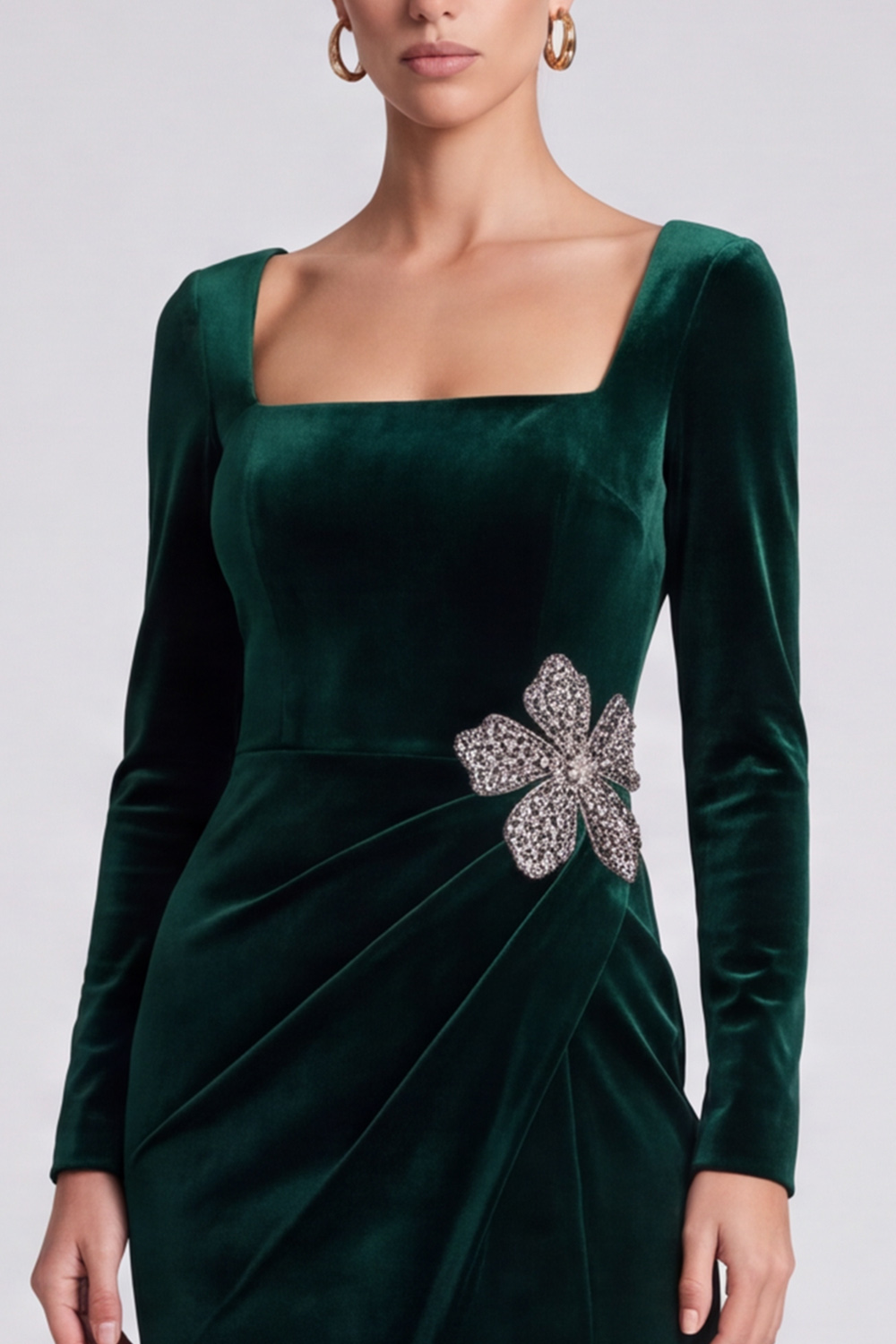 Sheath Dark Green Ruched Sparkly Square Neck Midi Evening Dress with Rhinestones
