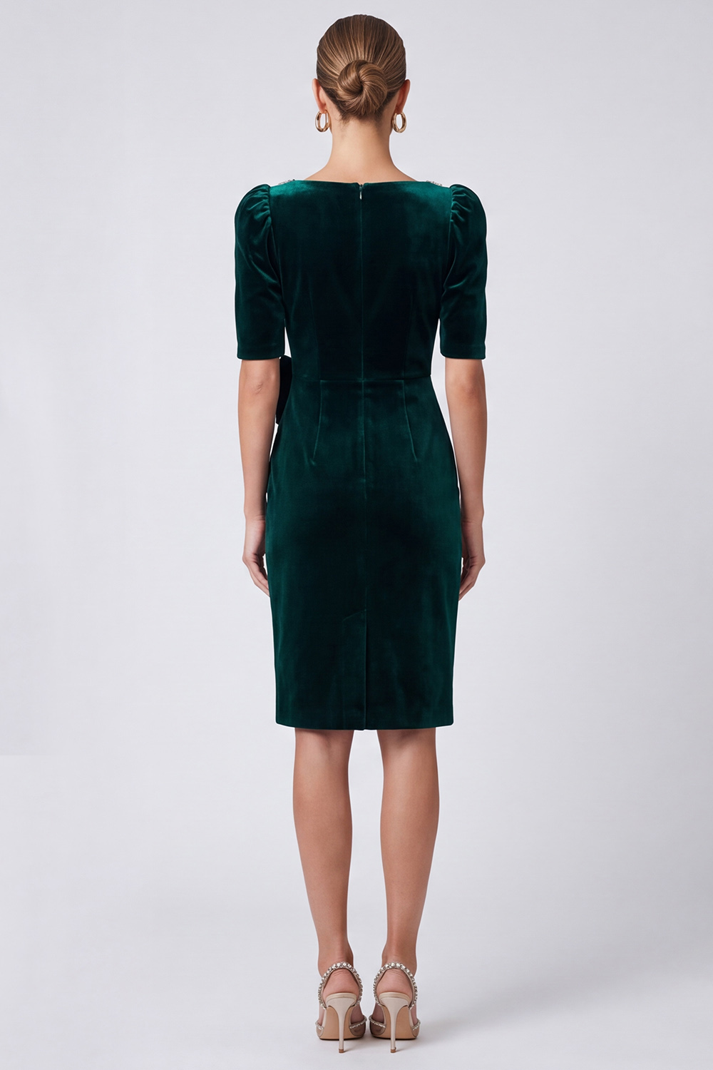 Sparkly Sheath Dark Green Velvet Square Neck Midi Evening Dress with Bow