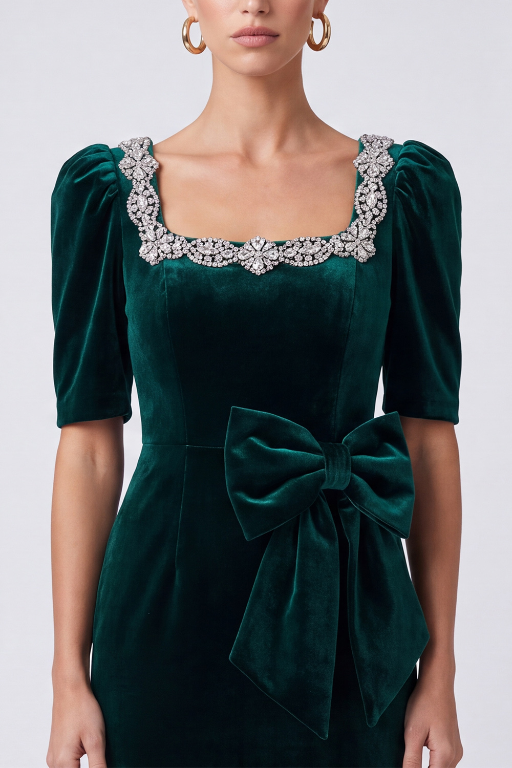 Sparkly Sheath Dark Green Velvet Square Neck Midi Evening Dress with Bow