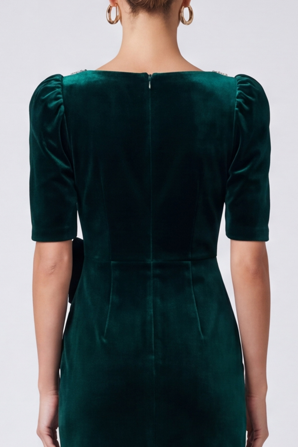 Sparkly Sheath Dark Green Velvet Square Neck Midi Evening Dress with Bow