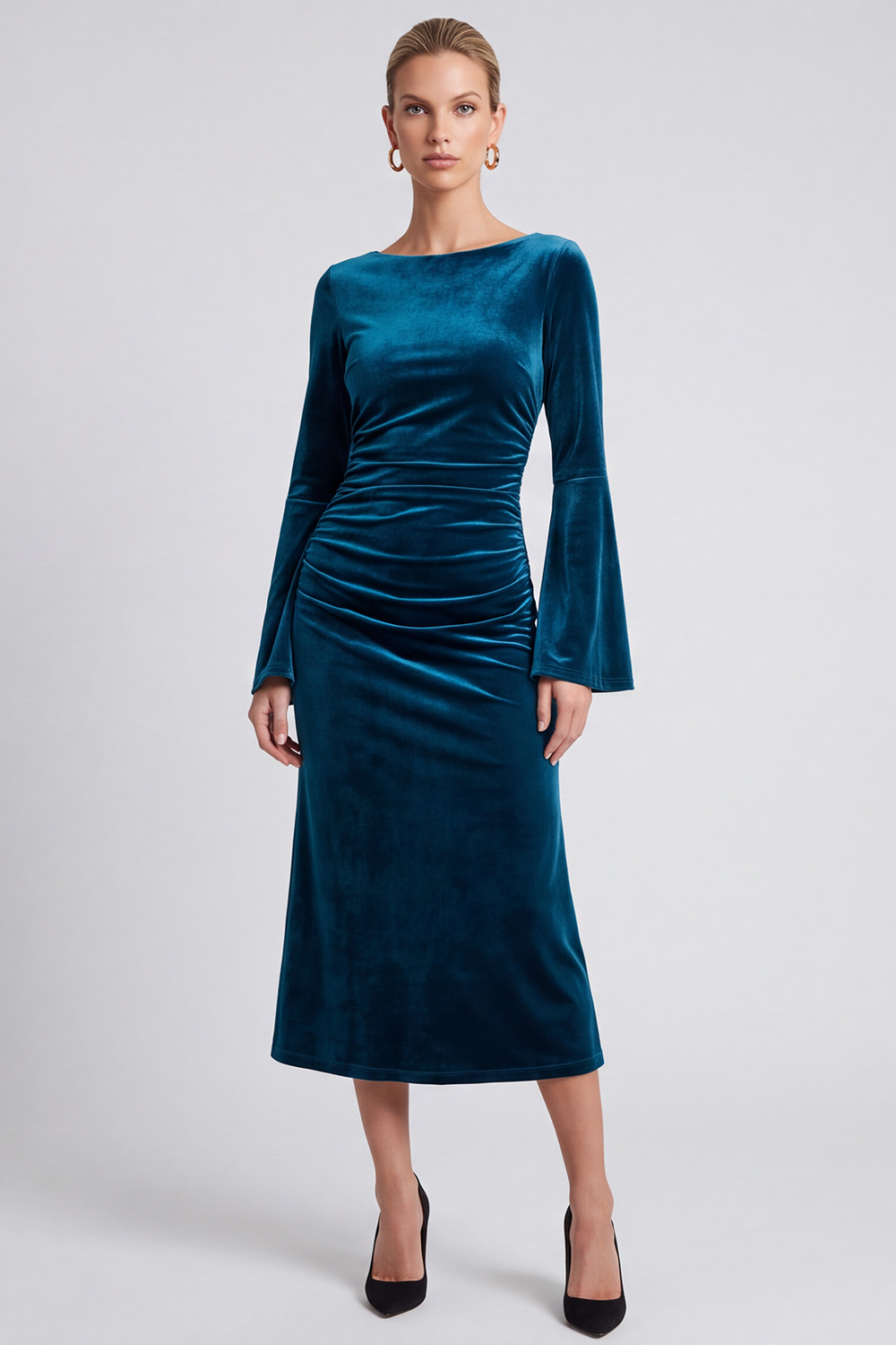 A Line Peacock Blue Ruched Boat Neck Flare Sleeves Midi Evening Dress