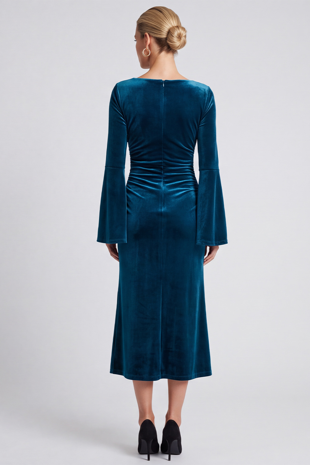 A Line Peacock Blue Ruched Boat Neck Flare Sleeves Midi Evening Dress