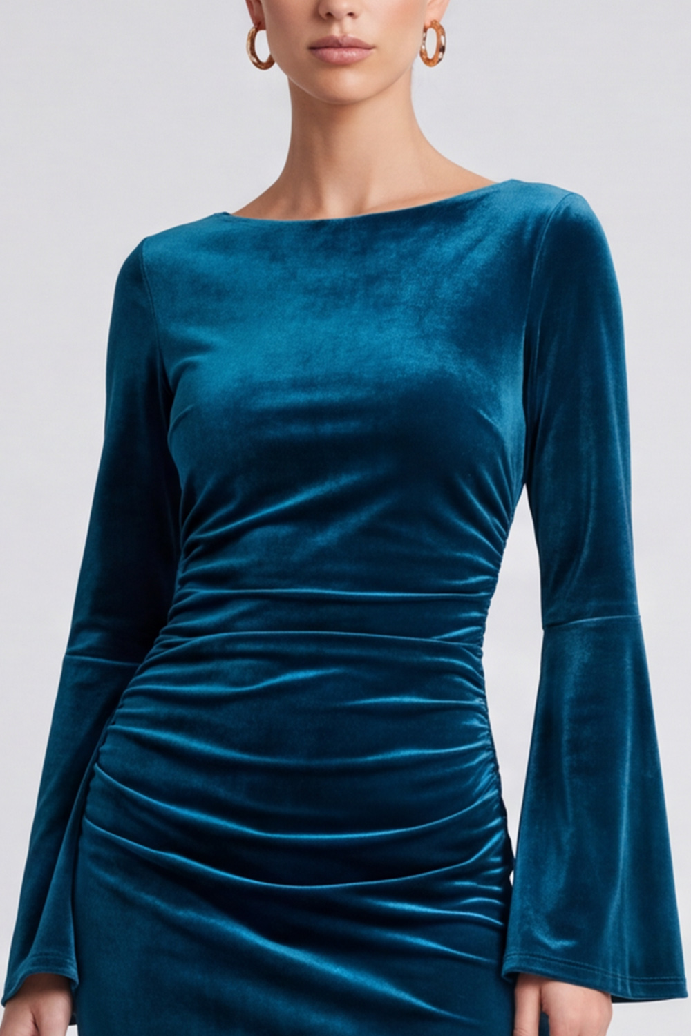 A Line Peacock Blue Ruched Boat Neck Flare Sleeves Midi Evening Dress
