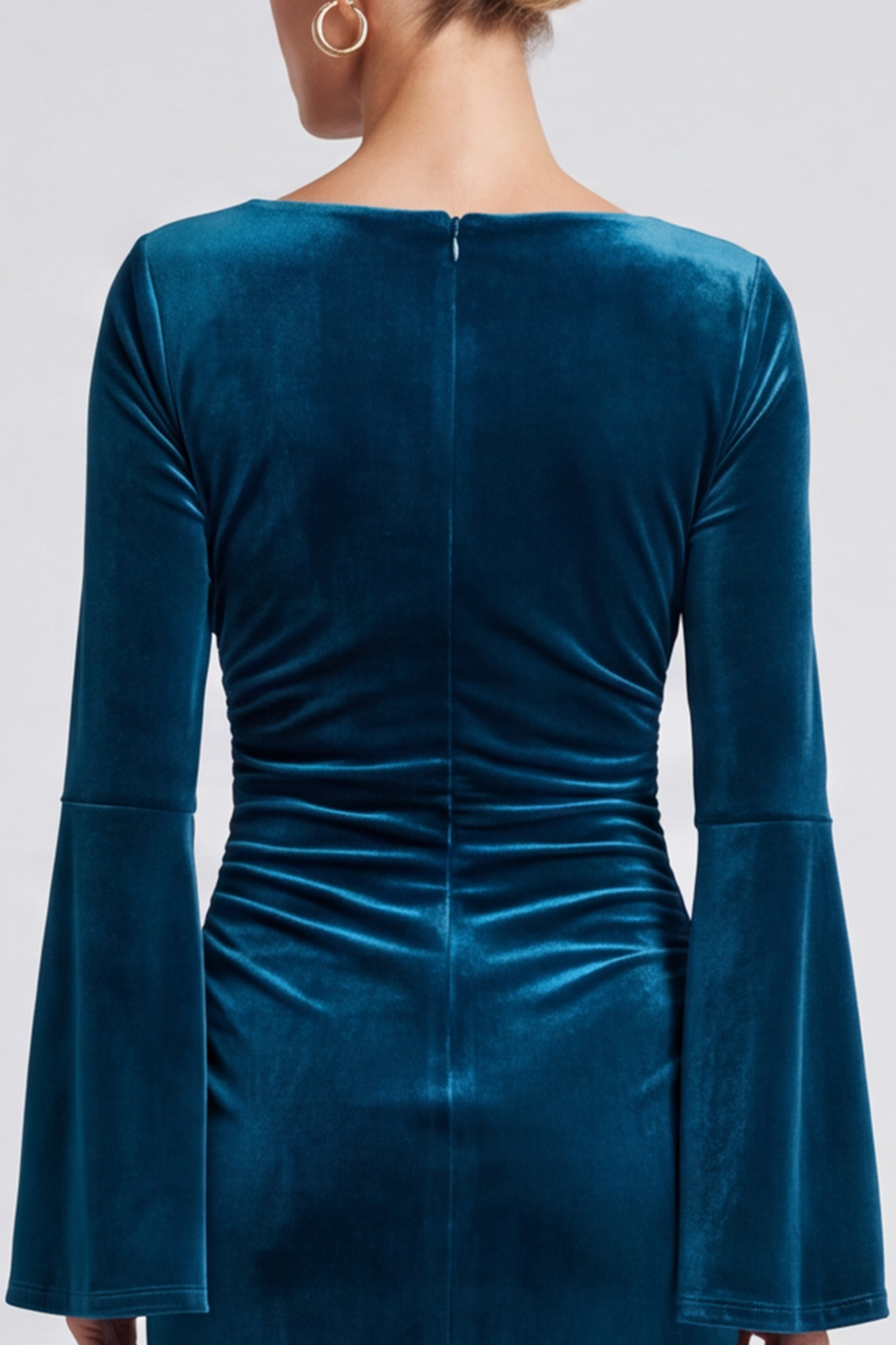 A Line Peacock Blue Ruched Boat Neck Flare Sleeves Midi Evening Dress