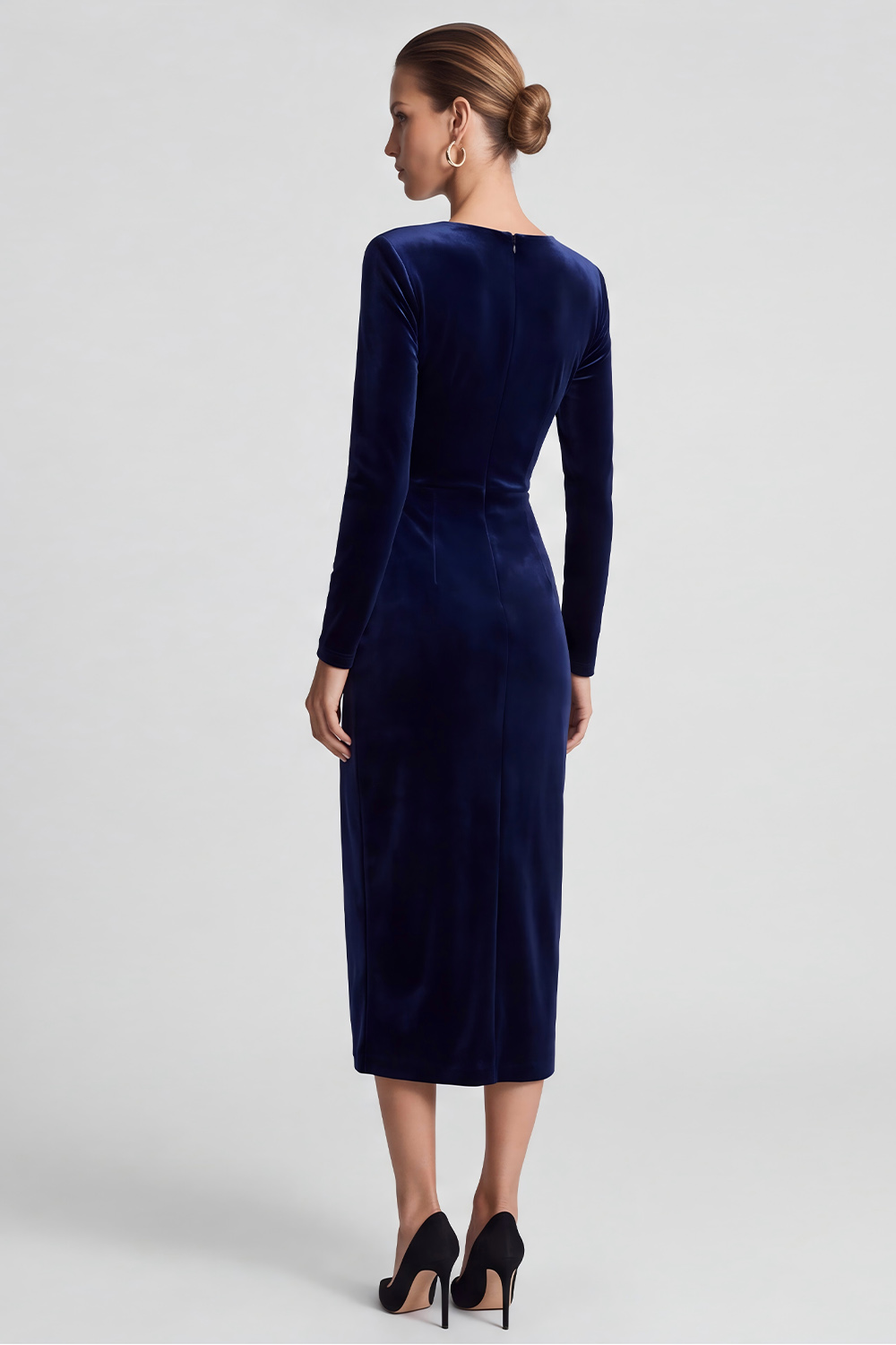 Sparkly Navy Ruched Sheath V-Neck Midi Evening Dress with Rhinestones