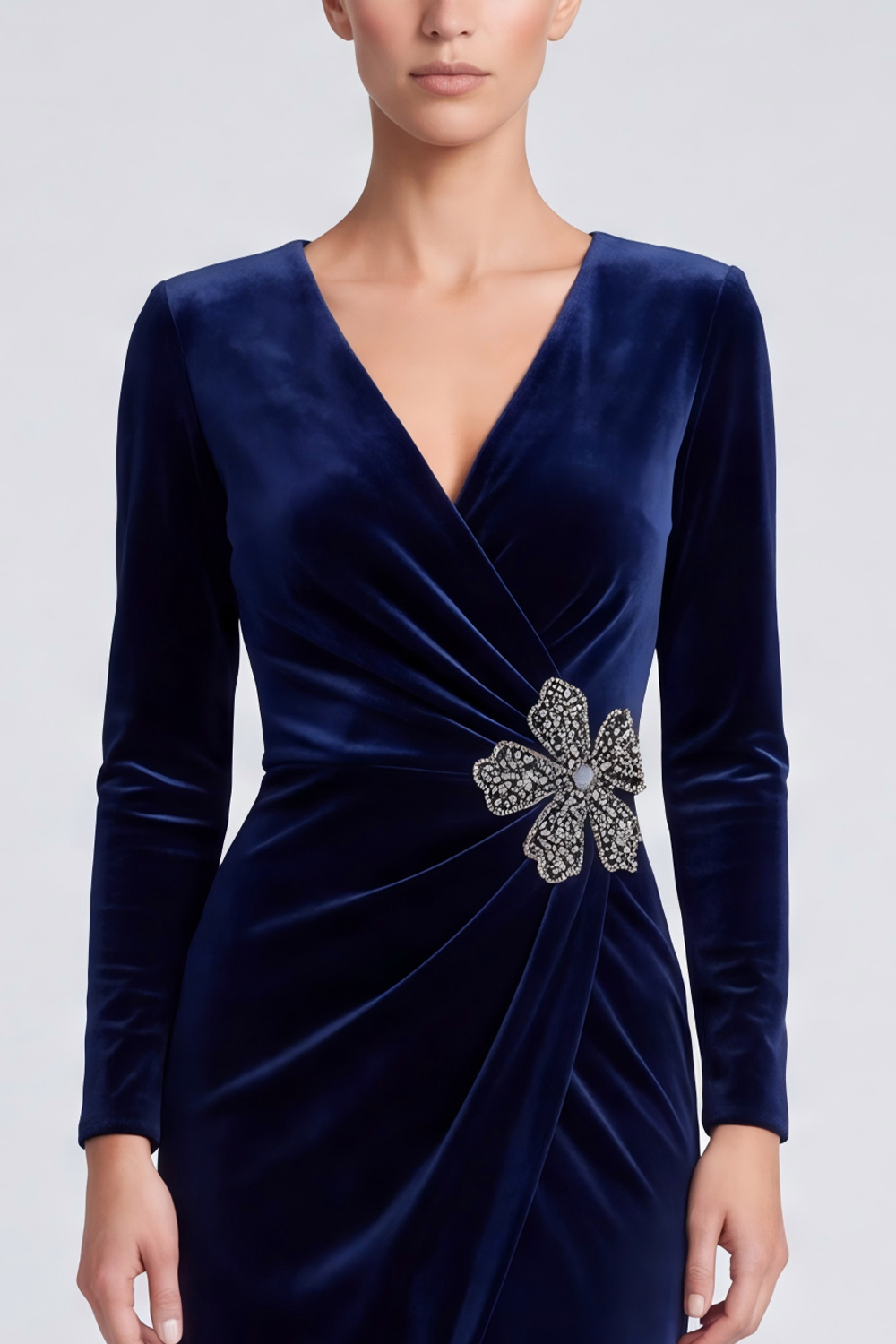 Sparkly Navy Ruched Sheath V-Neck Midi Evening Dress with Rhinestones