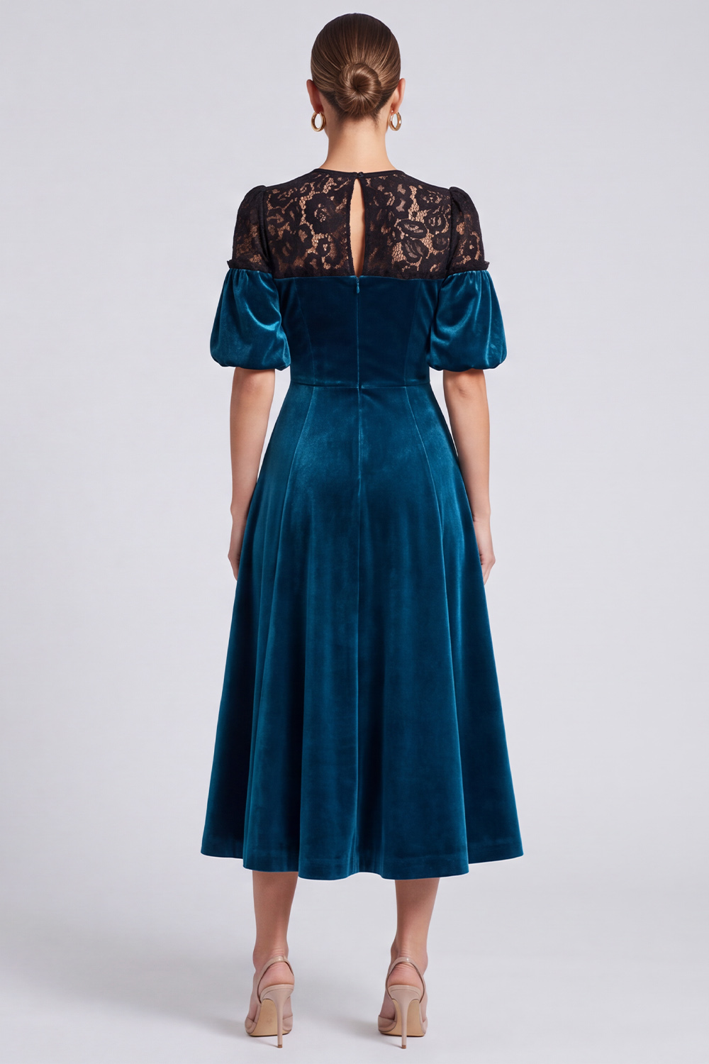 A Line Peacock Blue Velvet Keyhole Puff Sleeves Midi Evening Dress with Lace