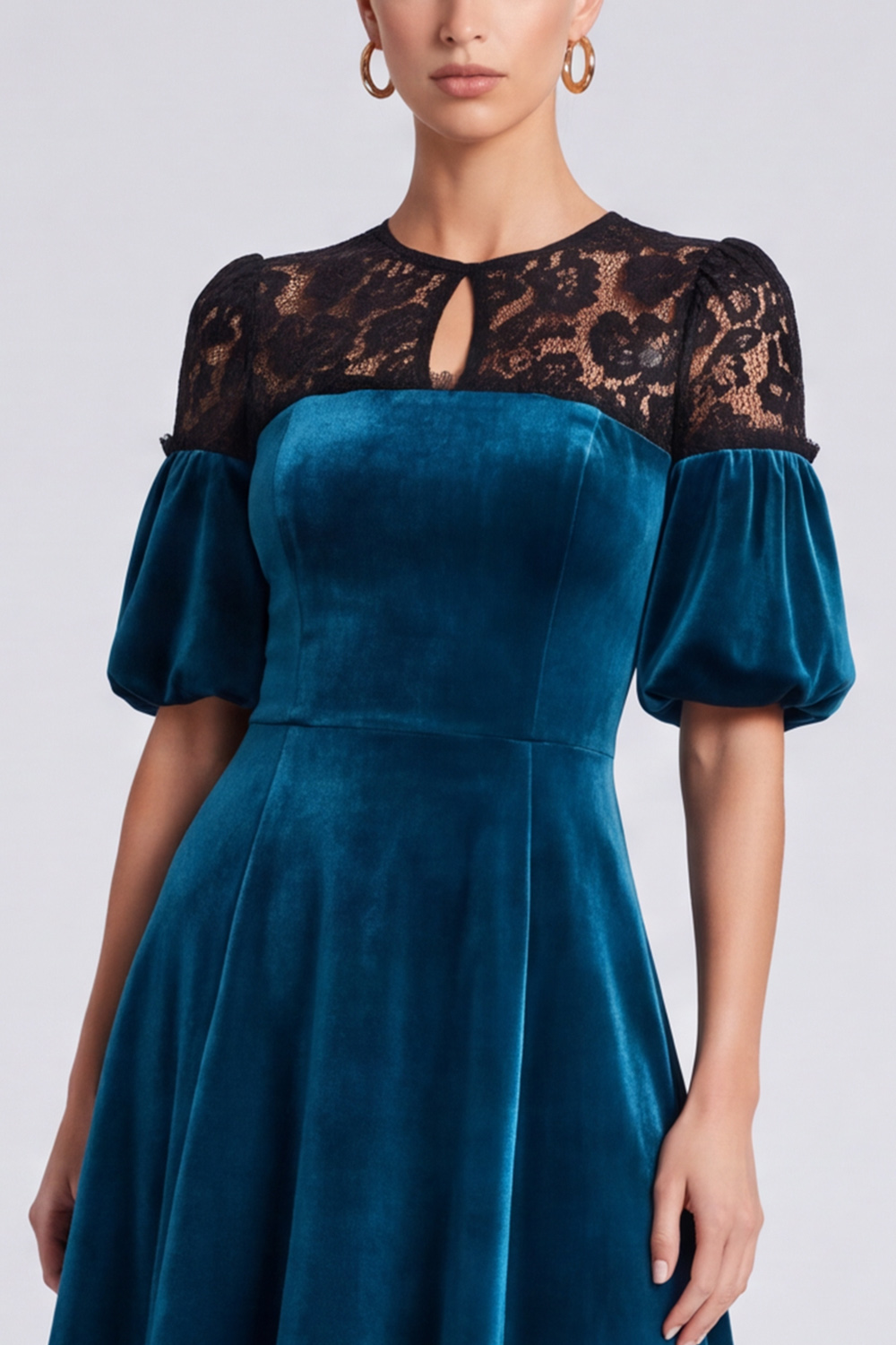 A Line Peacock Blue Velvet Keyhole Puff Sleeves Midi Evening Dress with Lace